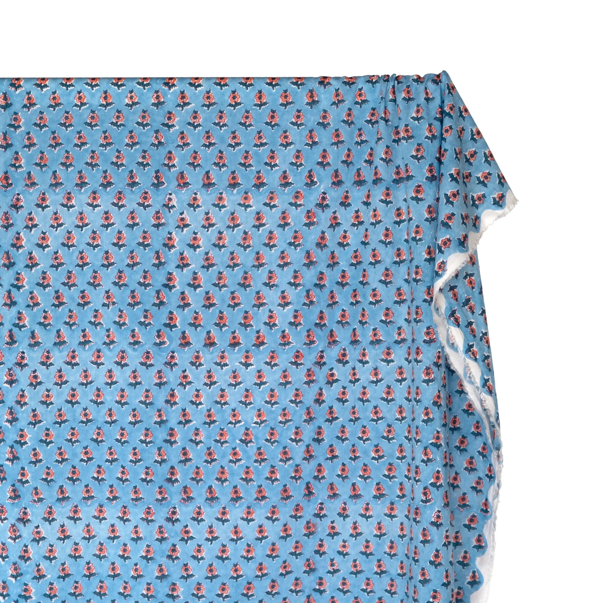 Bloom Block Printed Organic Cotton Batiste - Sky Blue/Ocean/Coral - Image 4