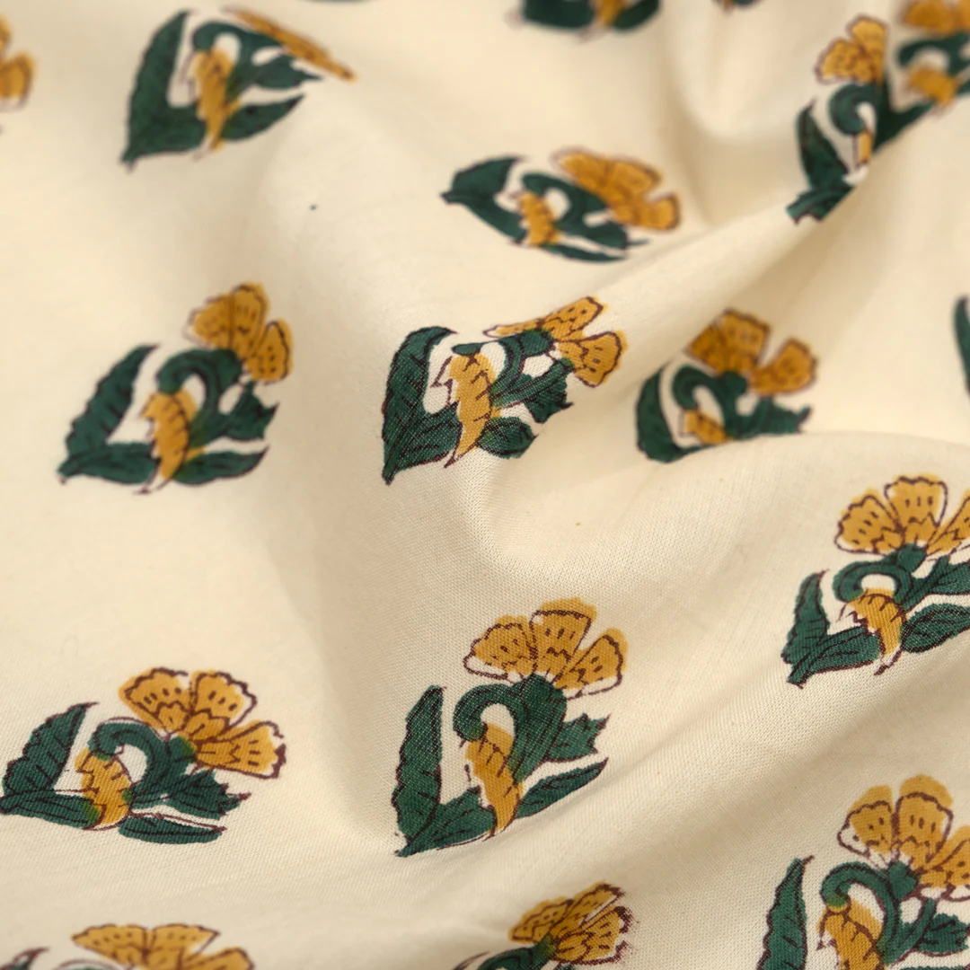 Bloom Block Printed Organic Cotton Batiste - Vanilla/Sunglow/Spruce