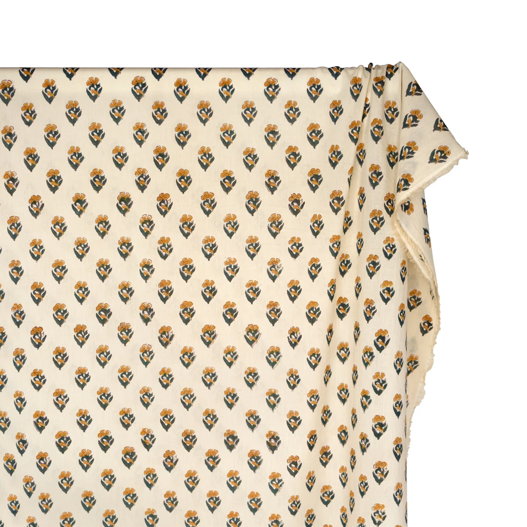 Bloom Block Printed Organic Cotton Batiste - Vanilla/Sunglow/Spruce - Image 3
