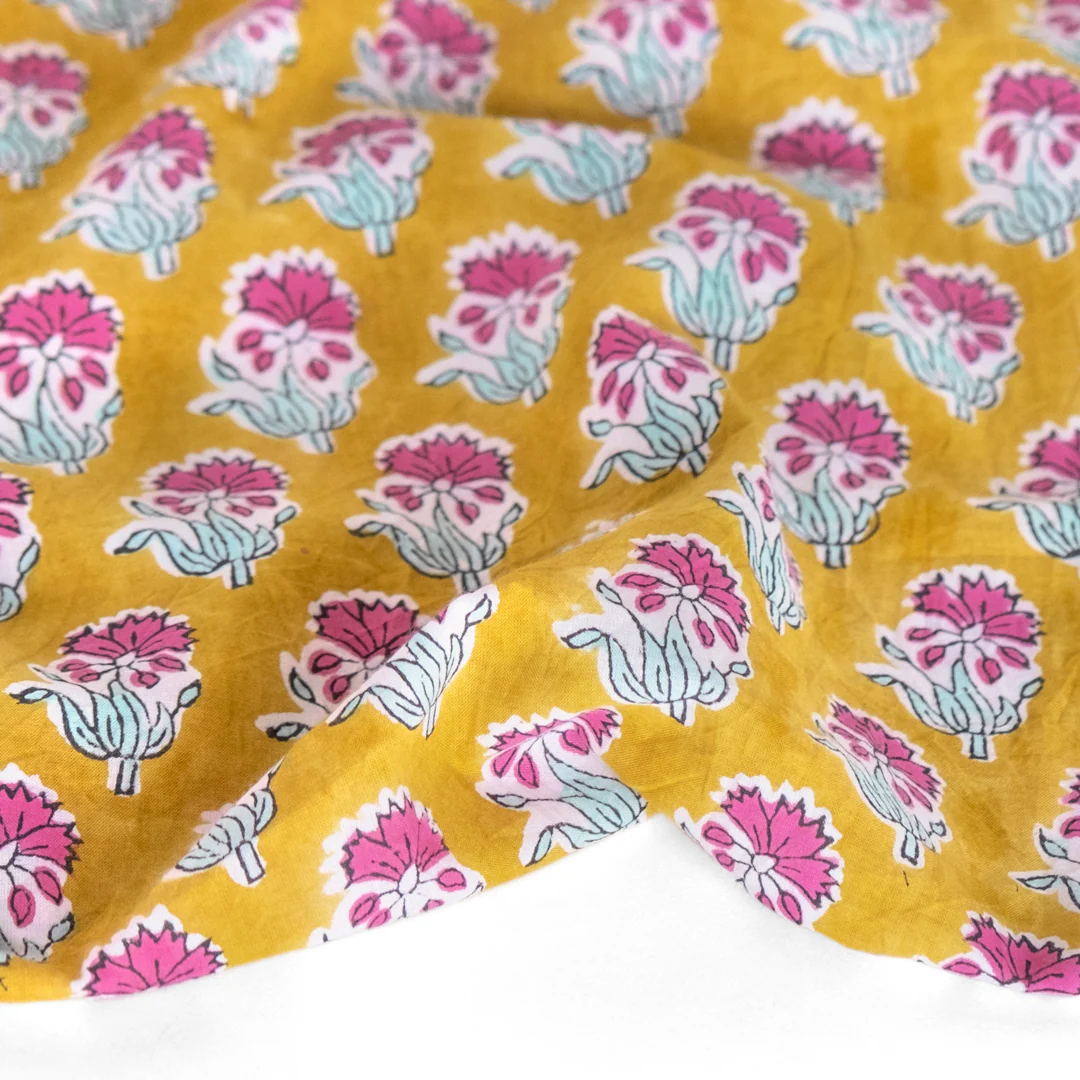 Bloom Block Printed Organic Cotton Batiste - Vintage Gold/Fuschia