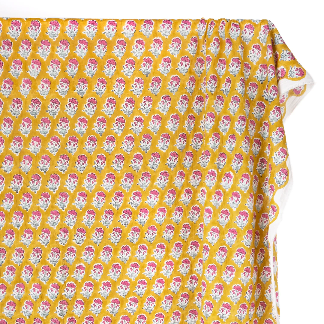 Bloom Block Printed Organic Cotton Batiste - Vintage Gold/Fuschia - Image 2