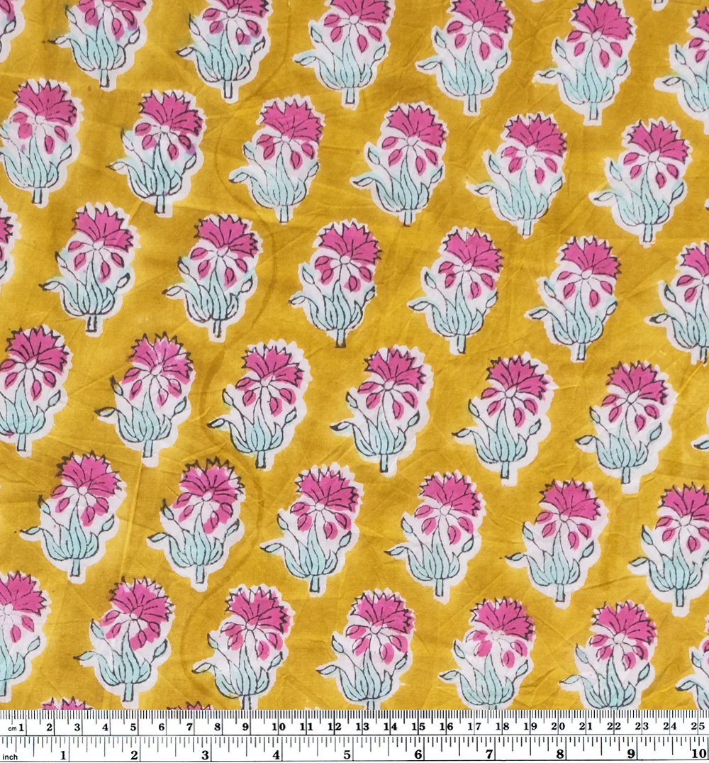Bloom Block Printed Organic Cotton Batiste - Vintage Gold/Fuschia - Image 4