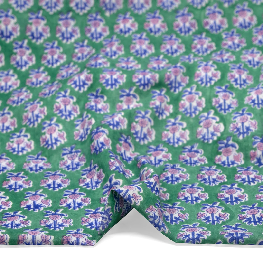 Bloom Block Printed Organic Cotton Batiste - Viridian/Azure/Candy