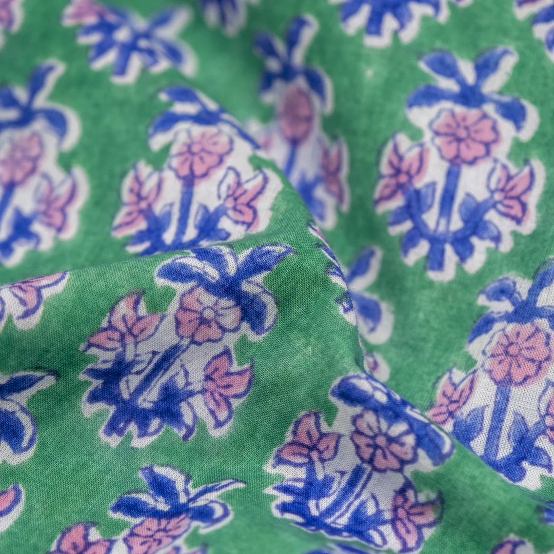 Bloom Block Printed Organic Cotton Batiste - Viridian/Azure/Candy - Image 2