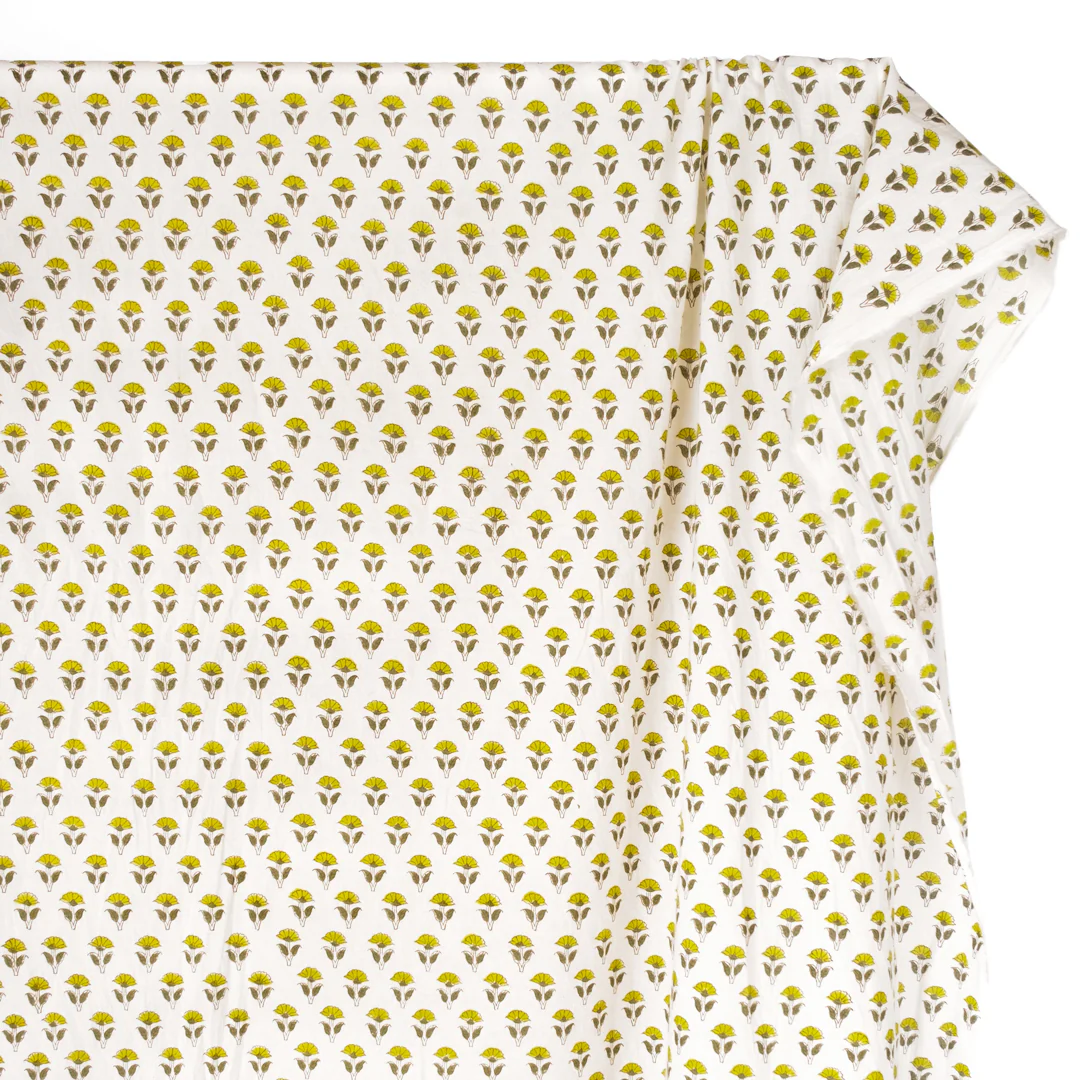 Bloom Block Printed Organic Cotton Batiste - White/Chartreuse - Image 2