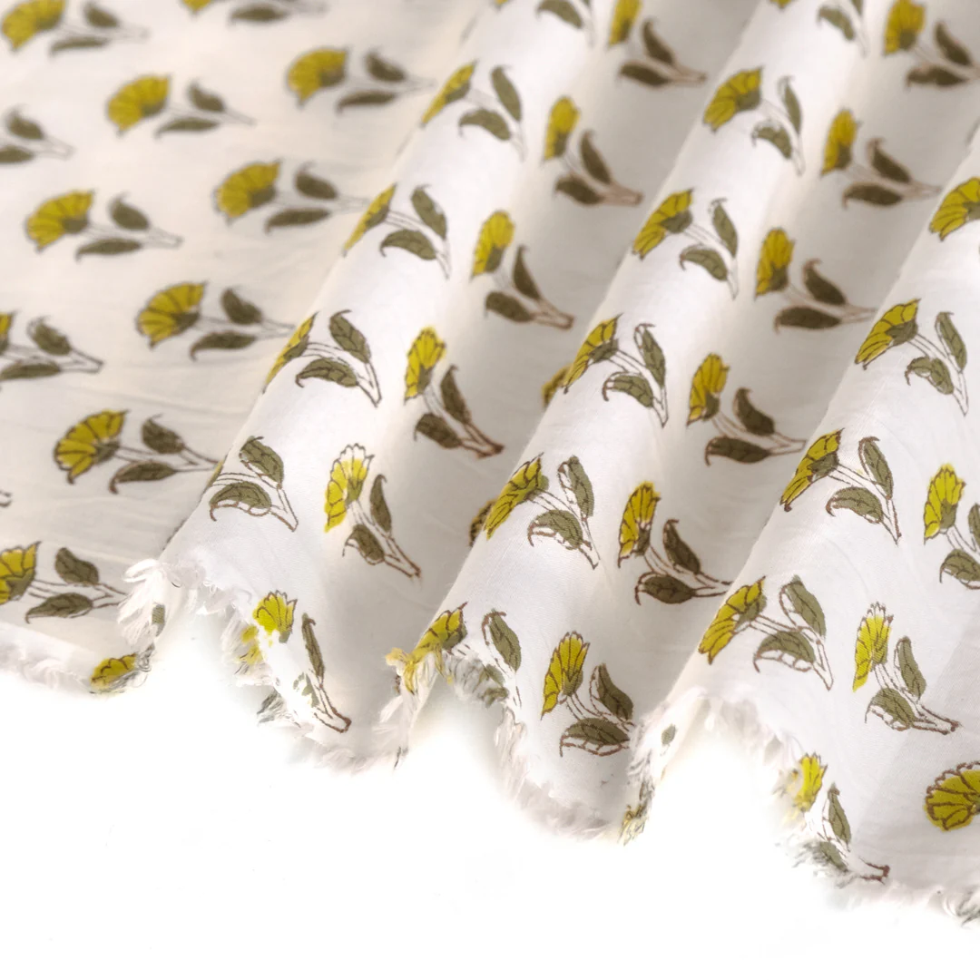 Bloom Block Printed Organic Cotton Batiste - White/Chartreuse - Image 3