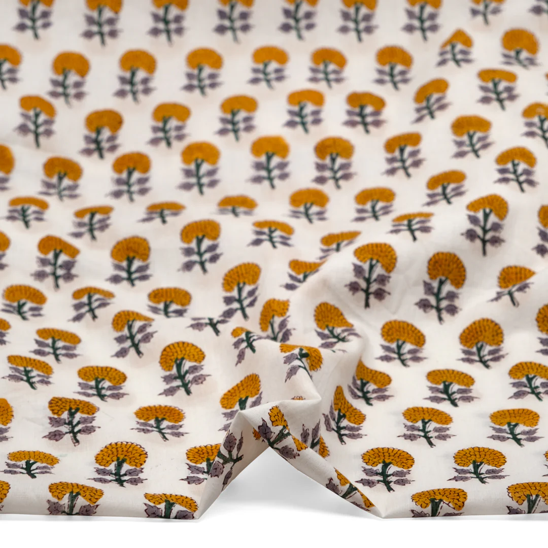 Bloom Block Printed Organic Cotton Batiste - White/Marigold