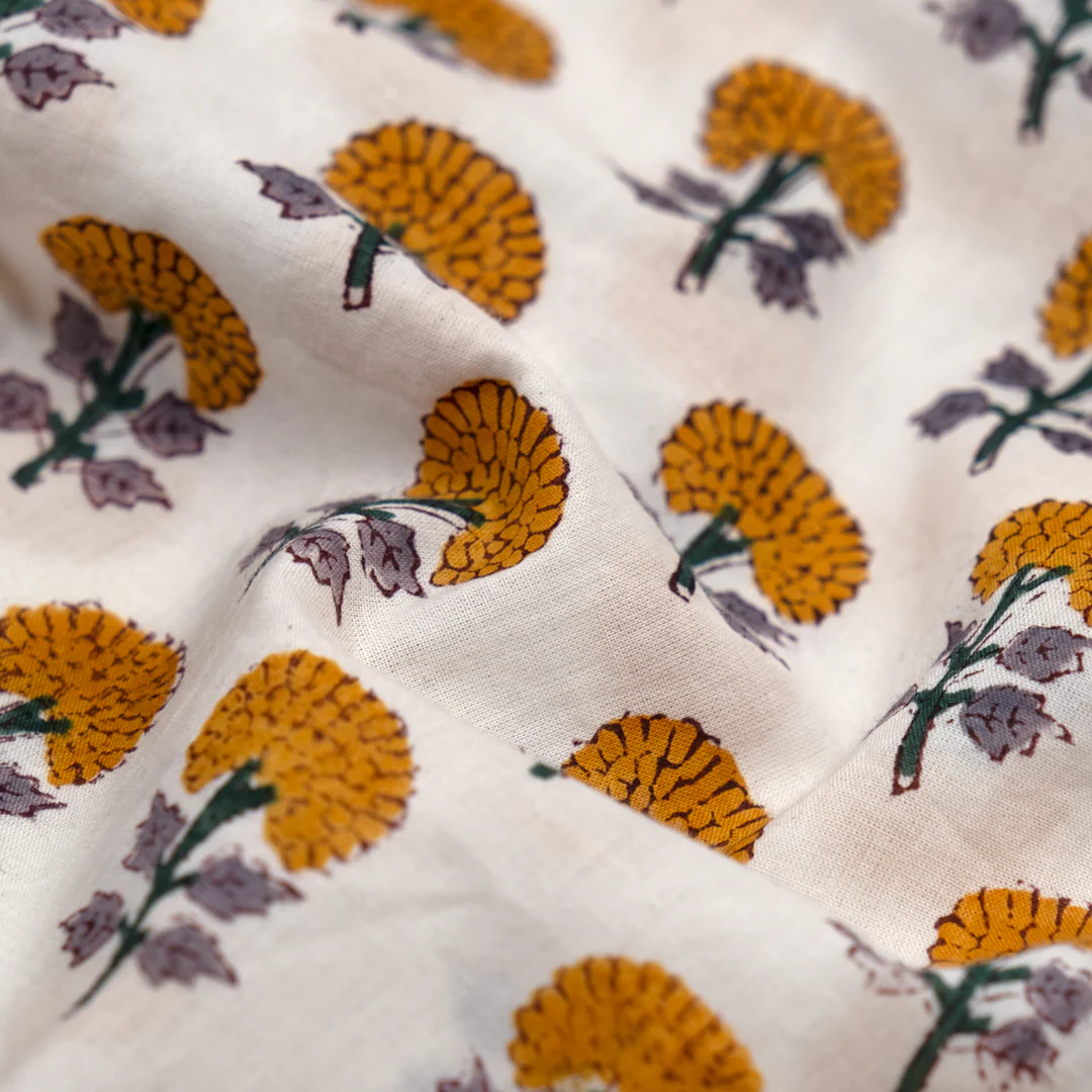 Bloom Block Printed Organic Cotton Batiste - White/Marigold - Image 2