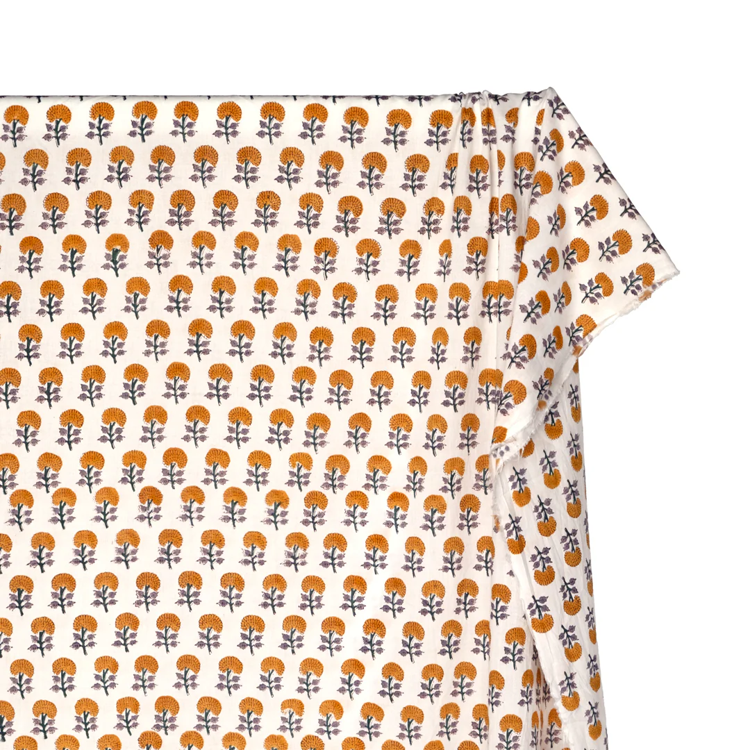 Bloom Block Printed Organic Cotton Batiste - White/Marigold - Image 4