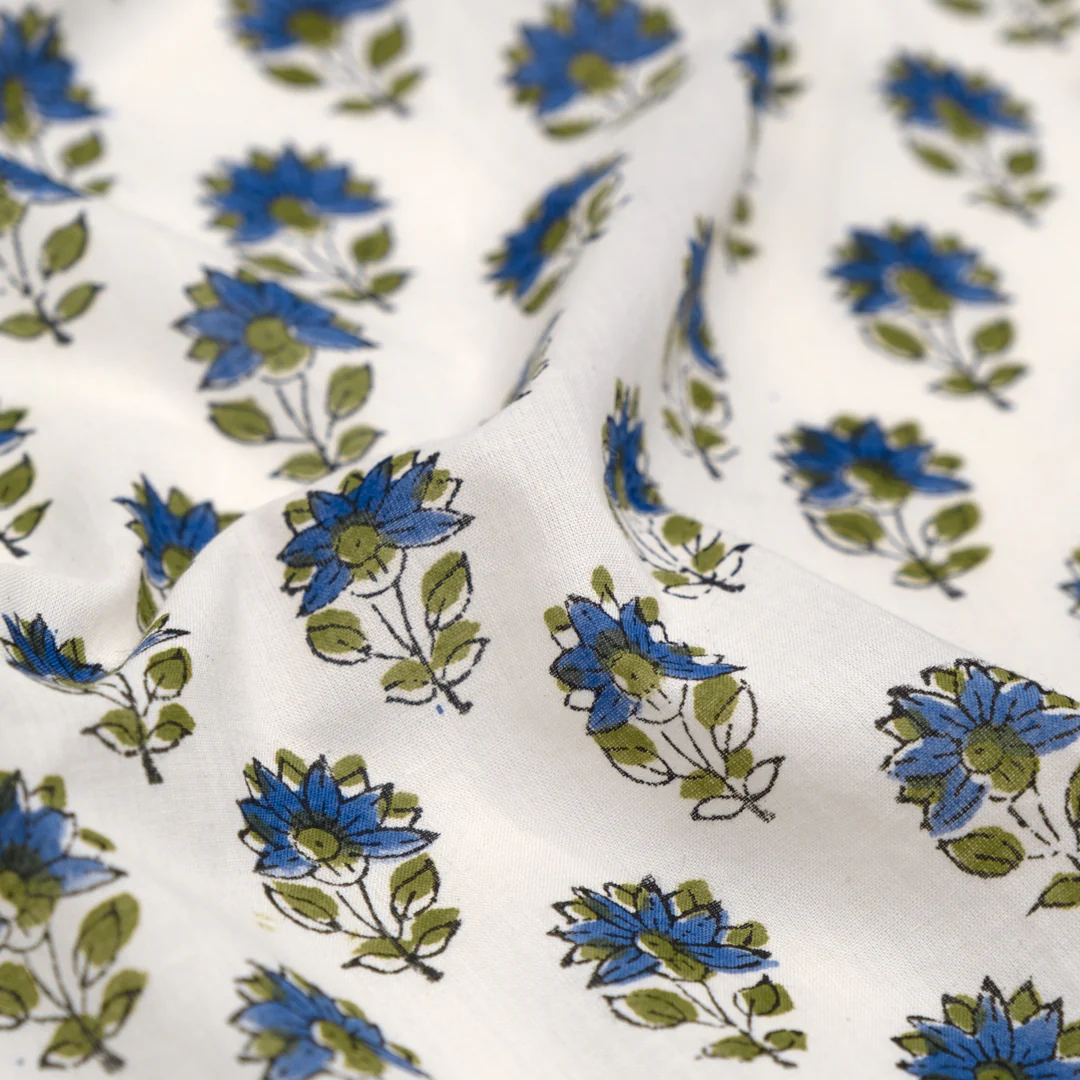 Bloom Block Printed Organic Cotton Batiste - White/Marlin/Sage