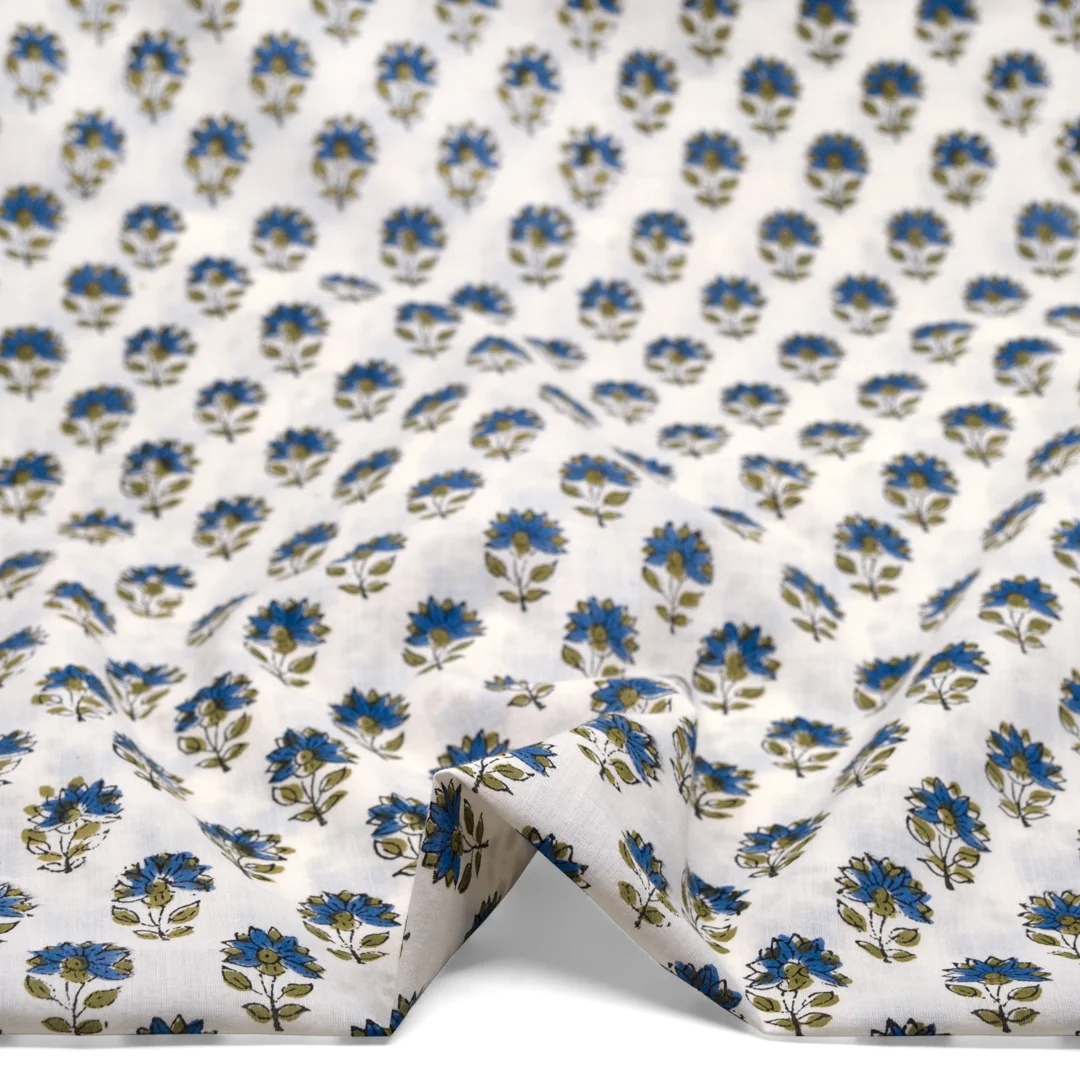 Bloom Block Printed Organic Cotton Batiste - White/Marlin/Sage - Image 2