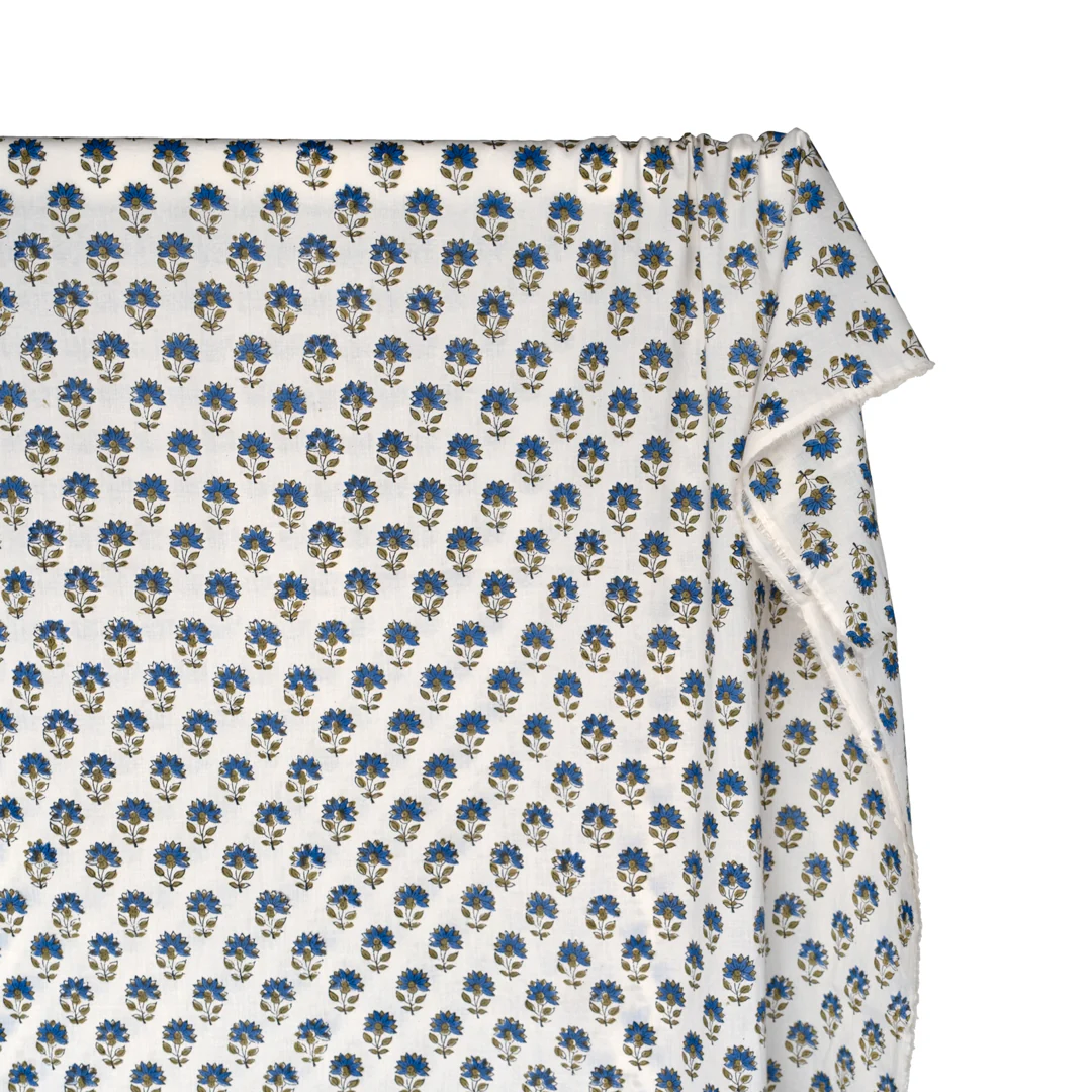 Bloom Block Printed Organic Cotton Batiste - White/Marlin/Sage - Image 4