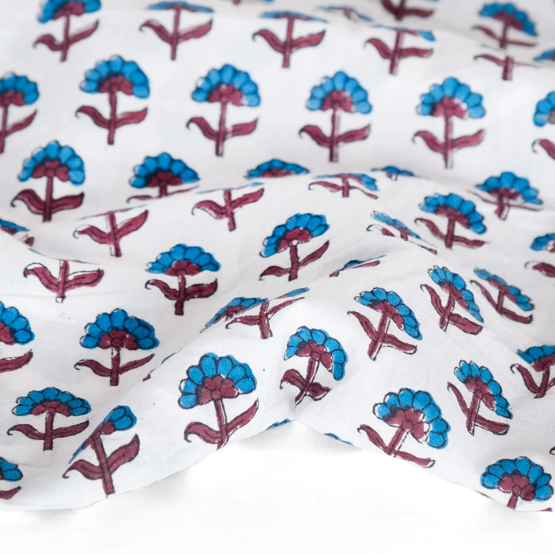 Bloom Block Printed Organic Cotton Batiste - White/Ocean