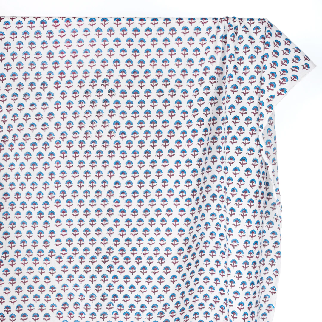 Bloom Block Printed Organic Cotton Batiste - White/Ocean - Image 2