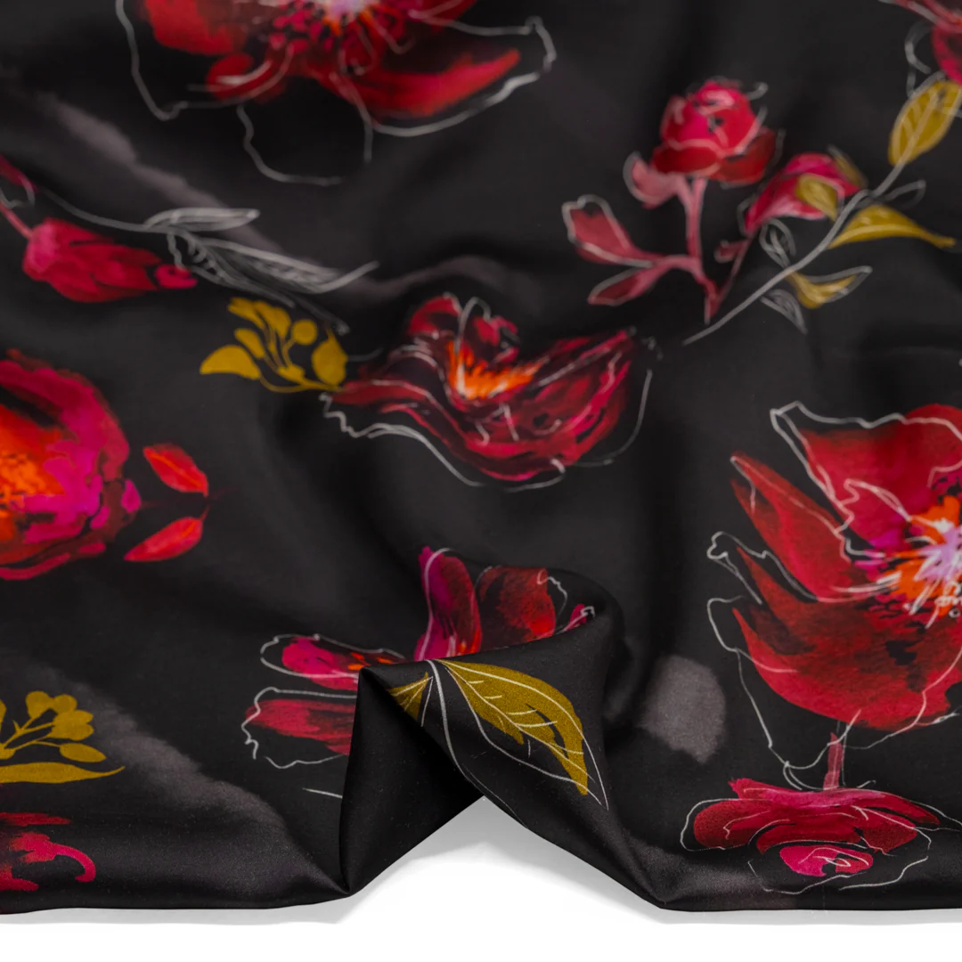Botanic Symphony Viscose Satin - Raven/Crimson