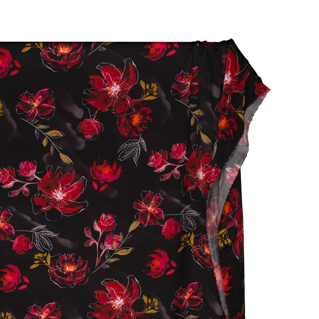 Botanic Symphony Viscose Satin - Raven/Crimson - Image 2