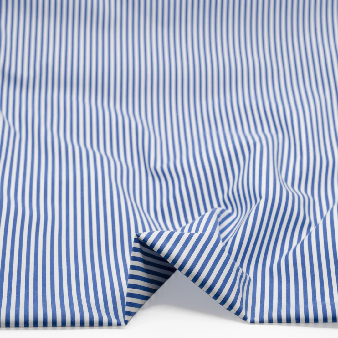 Candy Stripe Brushed Cotton Shirting - Lapis/White - Image 2