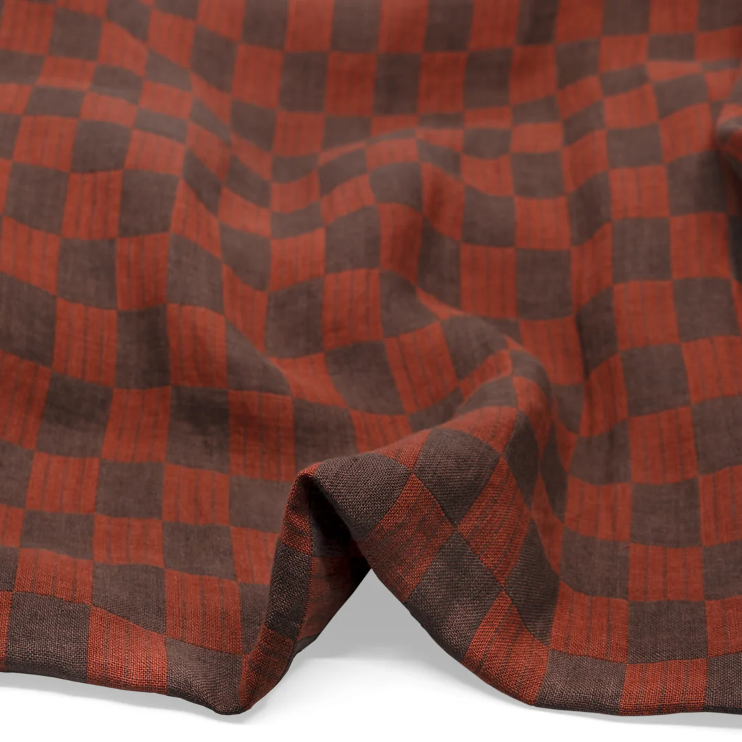 Check Laundered Linen Double Cloth - Red Clay/Mink - Image 2