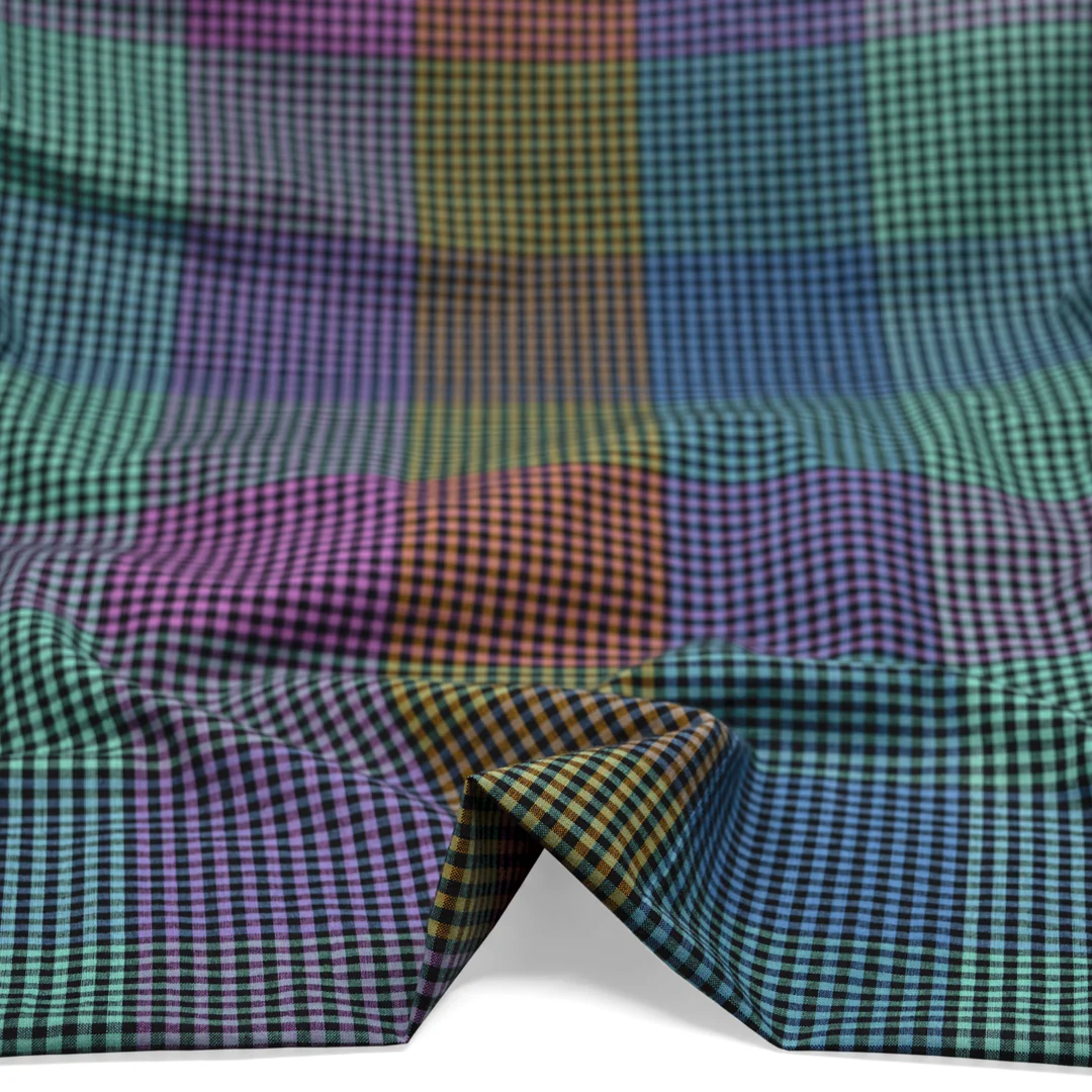 Chromatic Check Cotton Shirting - Black/Aqua/Orchid - Image 2