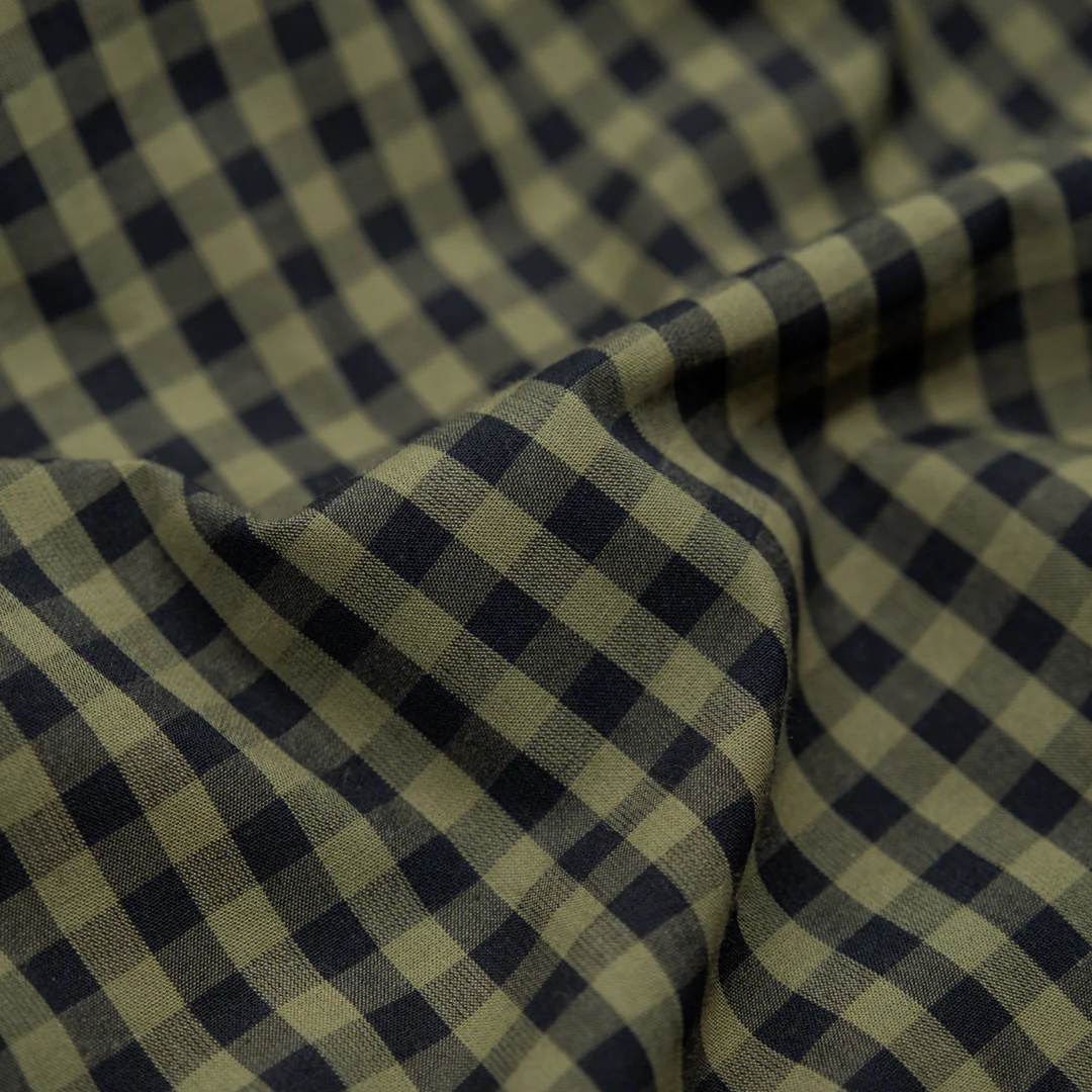 Confetti Mini Gingham Cotton Shirting - Olive/Black
