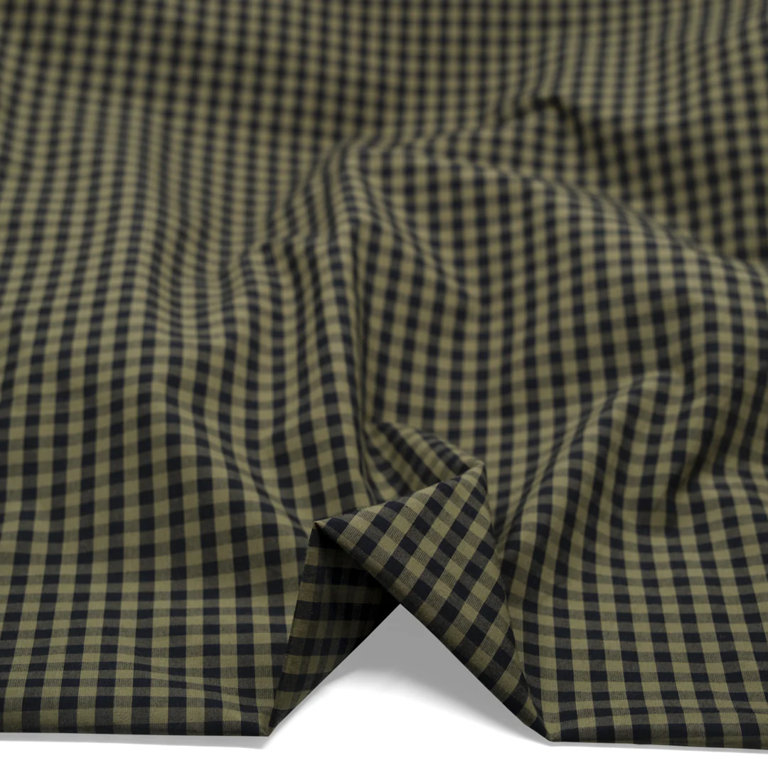 Confetti Mini Gingham Cotton Shirting - Olive/Black - Image 2