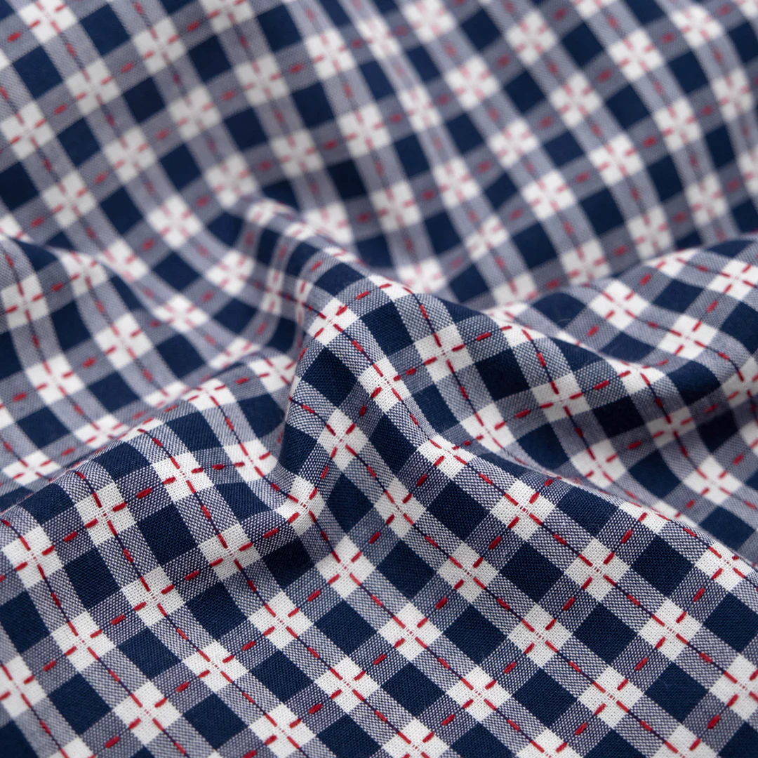 Cross Stitch Check Cotton Shirting - Navy/Chili Pepper