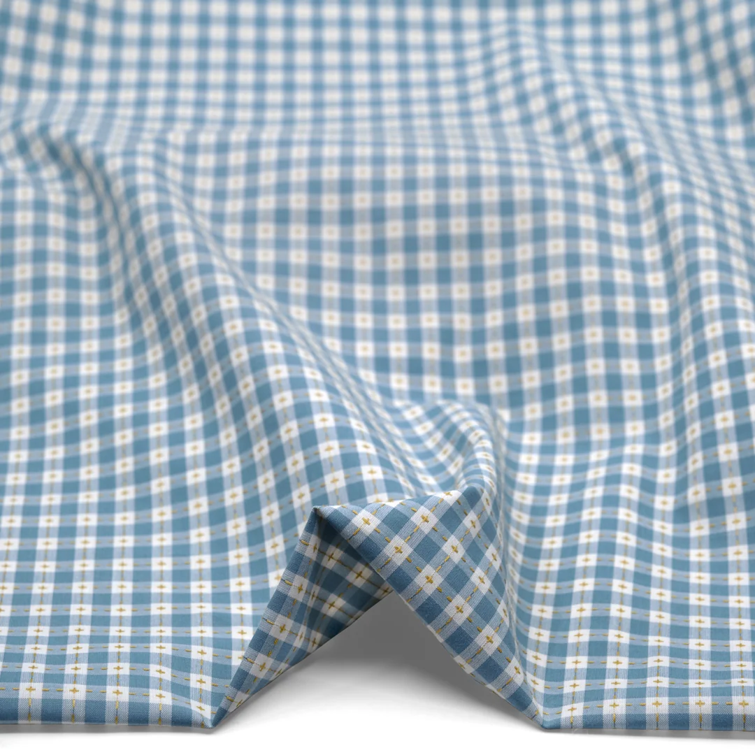 Cross Stitch Check Cotton Shirting - Pond/Buttercup - Image 2