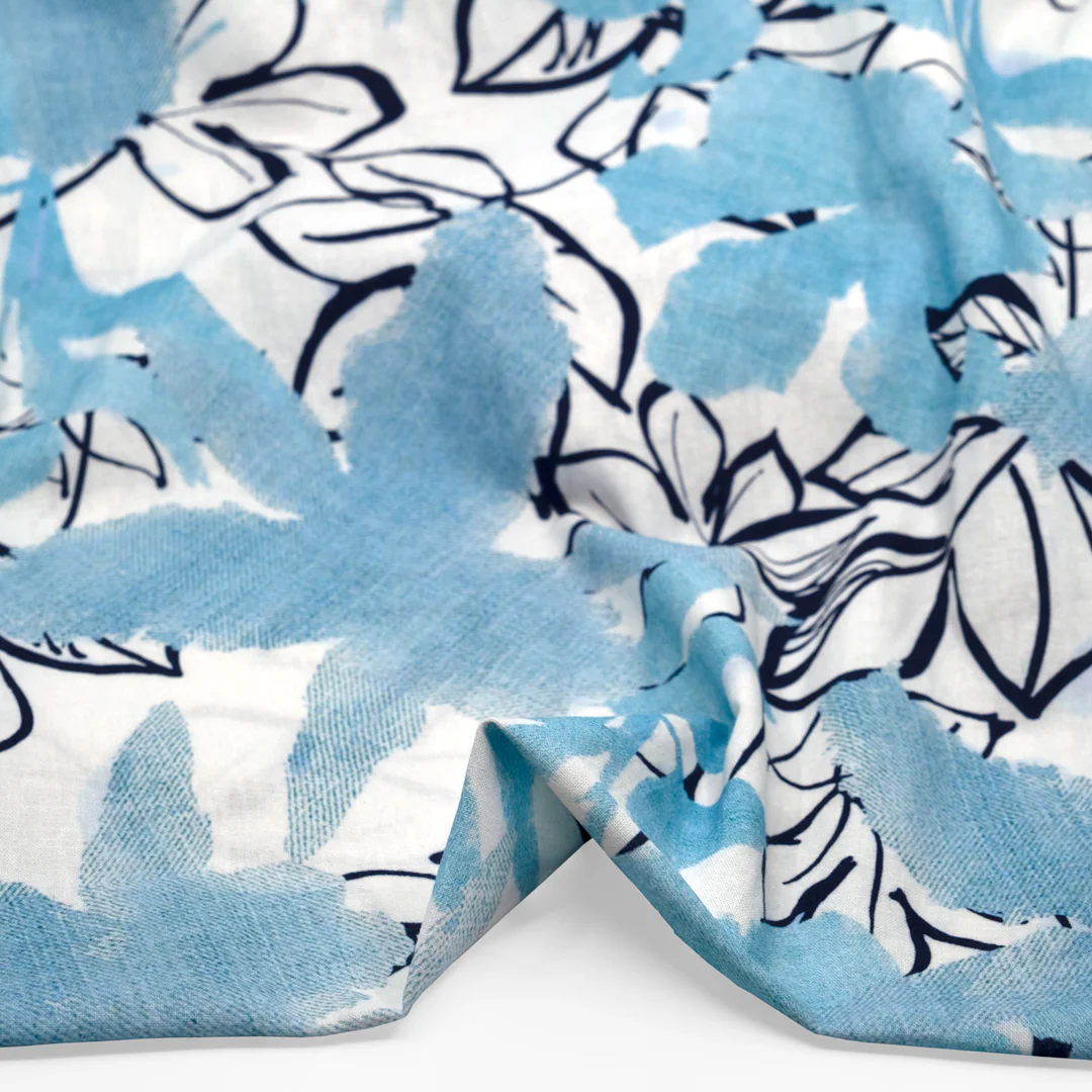 Day Break Printed Linen Cotton - White/Ice Blue