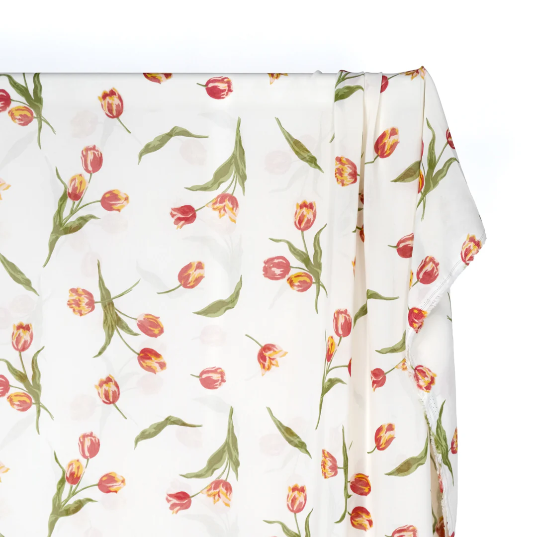 Deadstock Champ De Tulipes Viscose Georgette - Ivory/Cherry Pink - Image 3