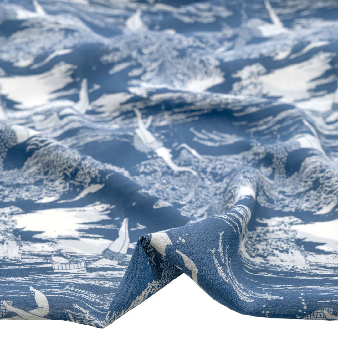 Deadstock Deep Dive Viscose Georgette - Blue Pool/White