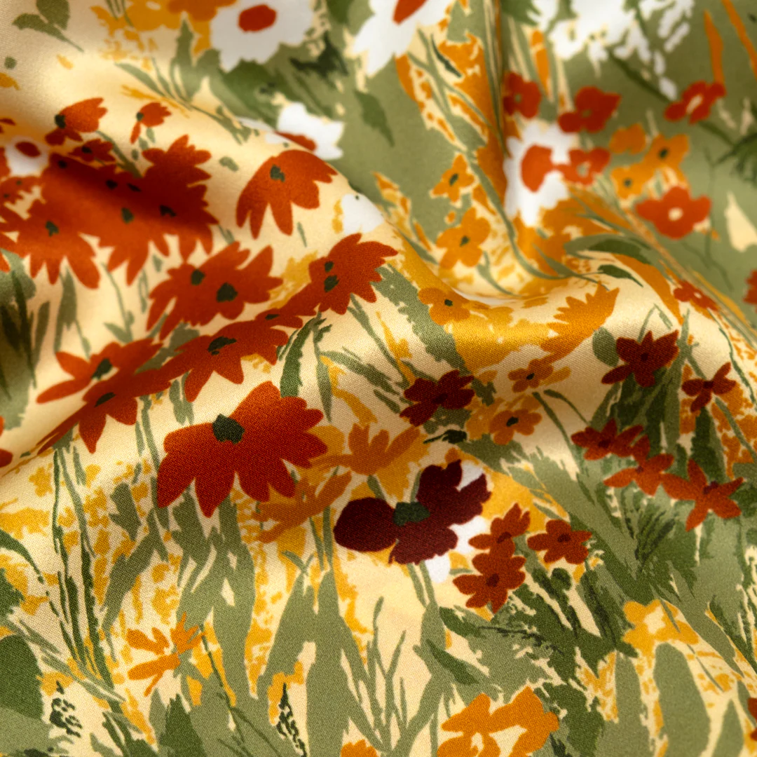 Deadstock Enchanted Meadow Silk Charmeuse - Buttercup/Grass/Red Clay