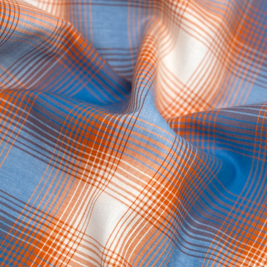 Deadstock Gradient Plaid Cotton Modal Shirting - Cerulean/Tangerine