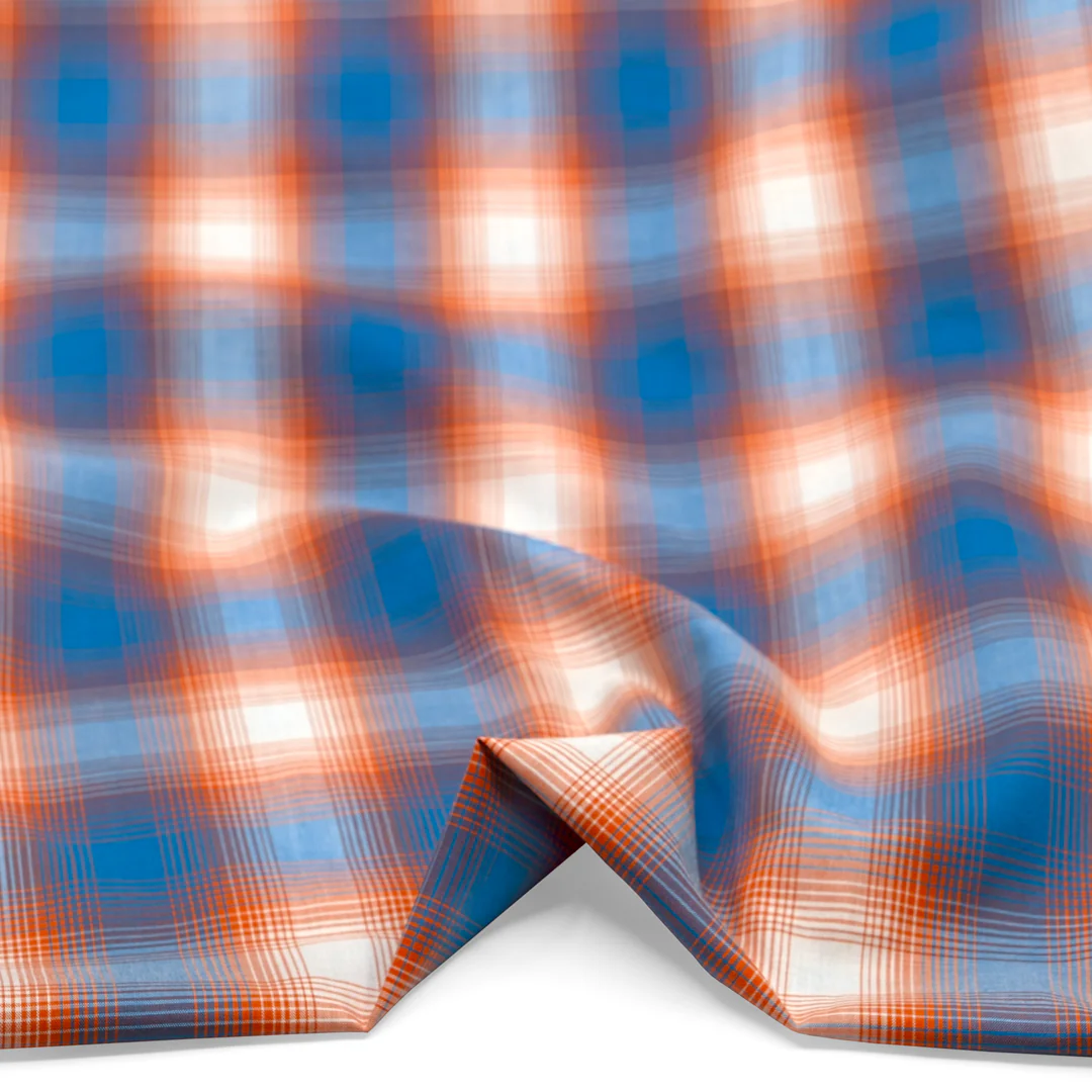 Deadstock Gradient Plaid Cotton Modal Shirting - Cerulean/Tangerine - Image 2