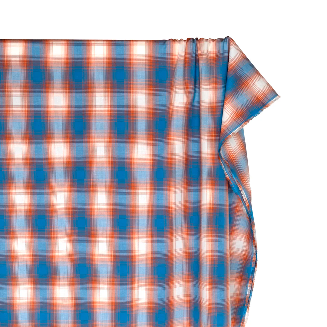 Deadstock Gradient Plaid Cotton Modal Shirting - Cerulean/Tangerine - Image 4