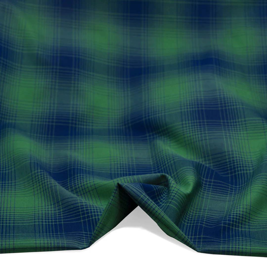 Deadstock Gradient Plaid Cotton Modal Shirting - Navy/Emerald - Image 2