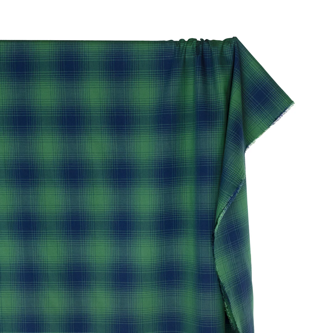 Deadstock Gradient Plaid Cotton Modal Shirting - Navy/Emerald - Image 4