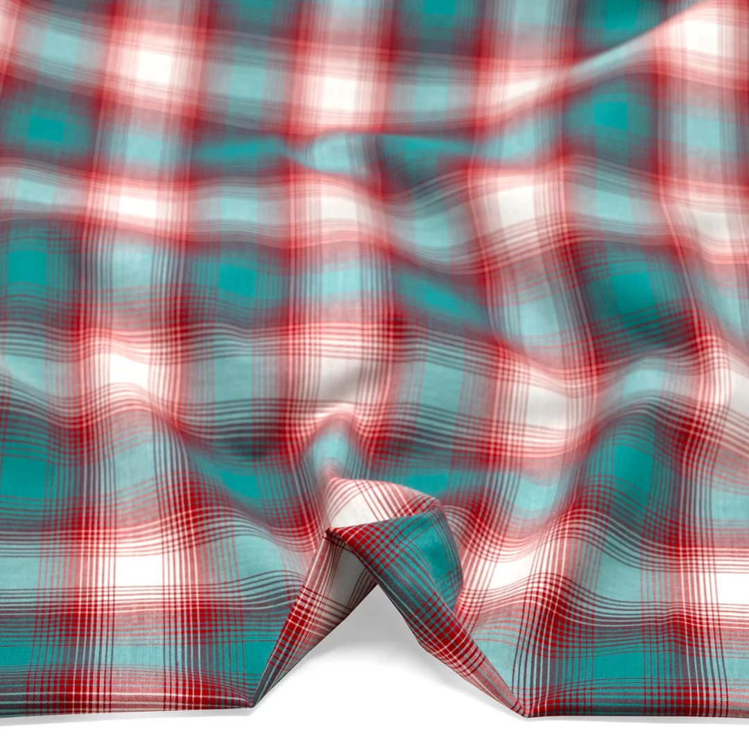Deadstock Gradient Plaid Cotton Modal Shirting - Turquoise/Crimson - Image 2