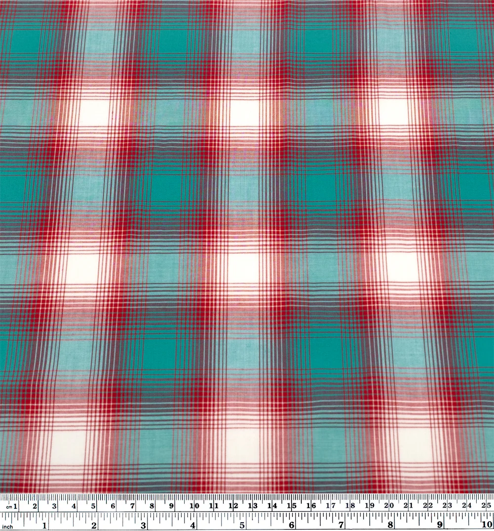 Deadstock Gradient Plaid Cotton Modal Shirting - Turquoise/Crimson - Image 3