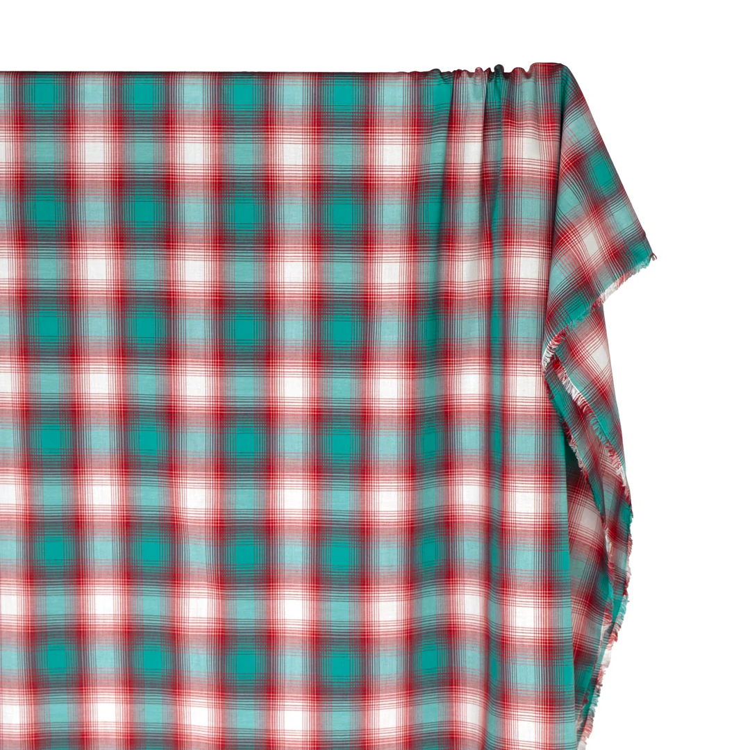 Deadstock Gradient Plaid Cotton Modal Shirting - Turquoise/Crimson - Image 4