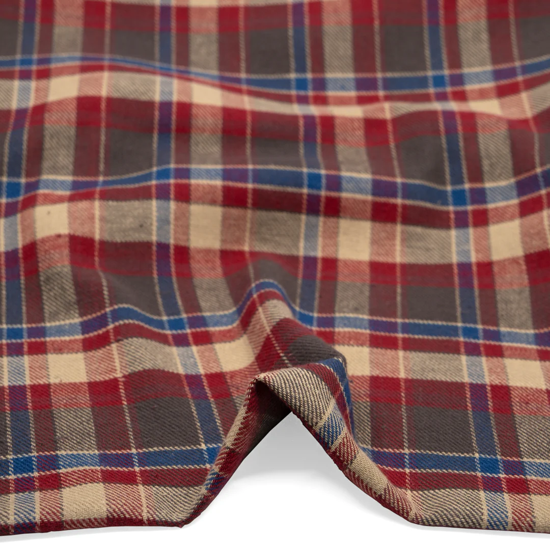 Deadstock Japanese Cotton Flannel - Cranberry/Bone/Denim - Image 2