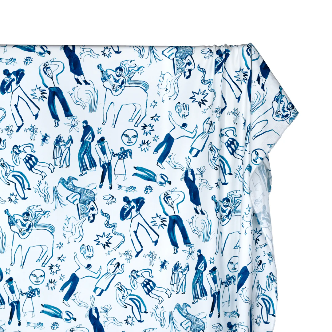 Deadstock Join The Party Stretch Cotton Sateen - White/Ocean - Image 2