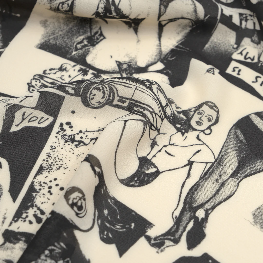 Deadstock Pin-Up Viscose Georgette - Parchment/Charcoal