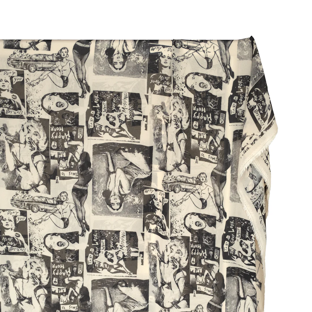 Deadstock Pin-Up Viscose Georgette - Parchment/Charcoal - Image 2