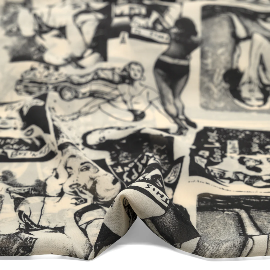 Deadstock Pin-Up Viscose Georgette - Parchment/Charcoal - Image 3