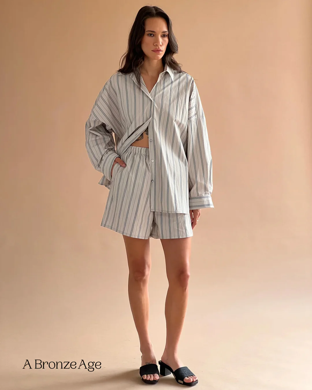 Deadstock Striped Cotton Nylon Shirting - Pebble/Petrol - Image 2