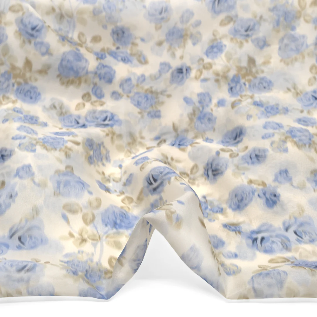 Deadstock Watercolour Floral Organza - Ivory/Cornflower - Image 3