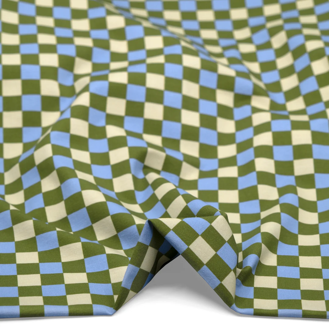Disco Check Organic Cotton Jersey - Pickle/Sky Blue - Image 2