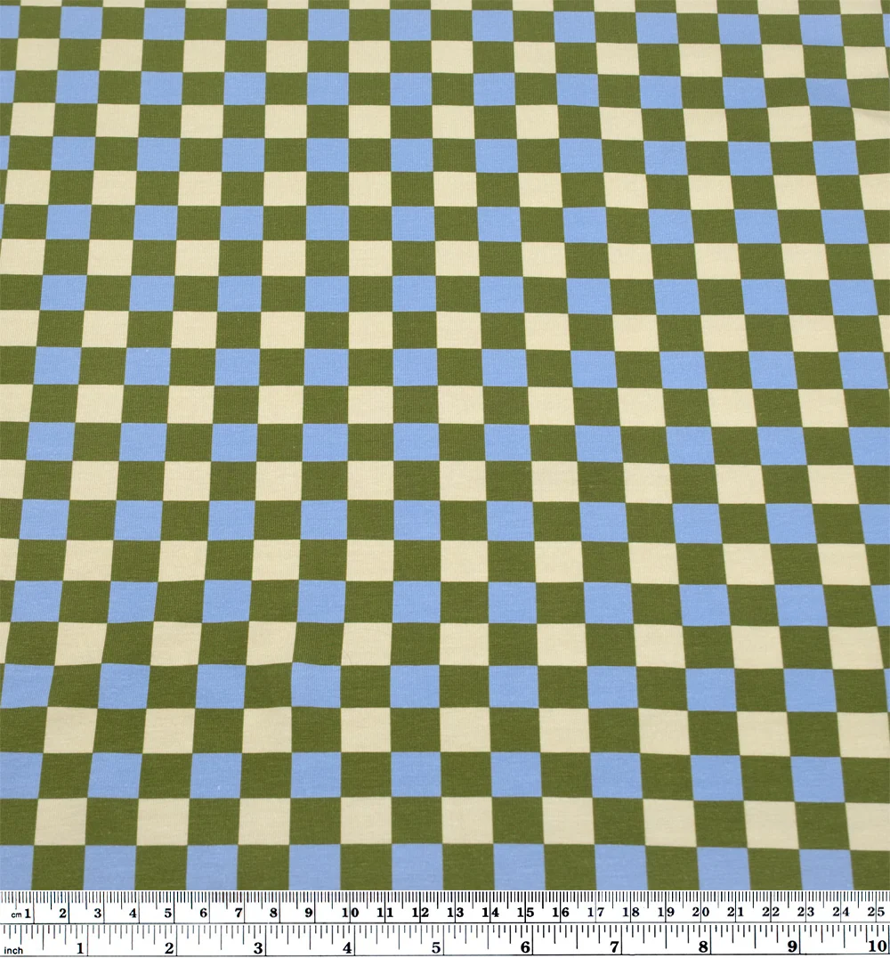 Disco Check Organic Cotton Jersey - Pickle/Sky Blue - Image 3