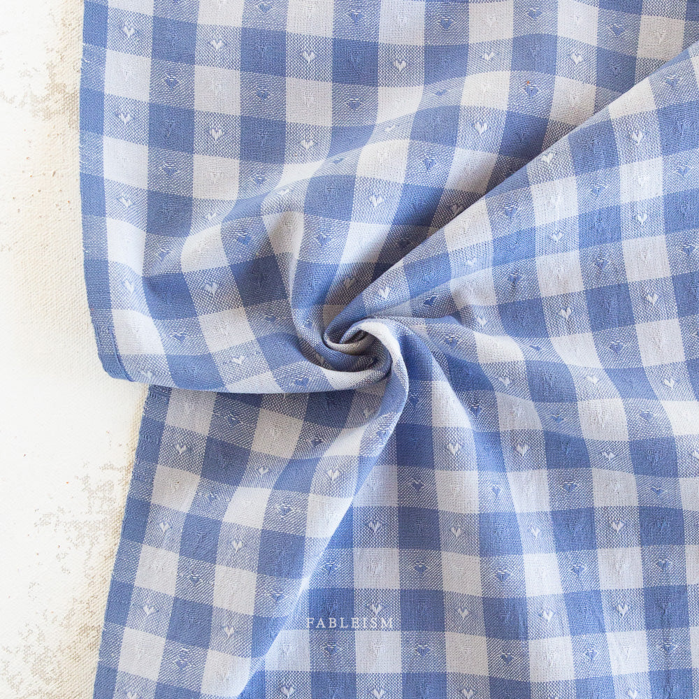 Dobby Hearts Gingham Cotton - Alice Blue