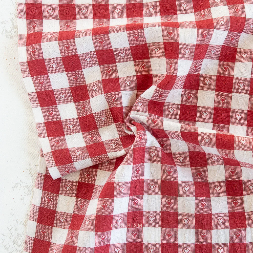Dobby Hearts Gingham Cotton - Cherry